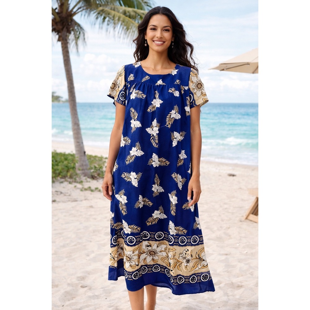 Vintage Hawaiian Victor Sports Blue Floral Midi Dress Retro Resort M/L